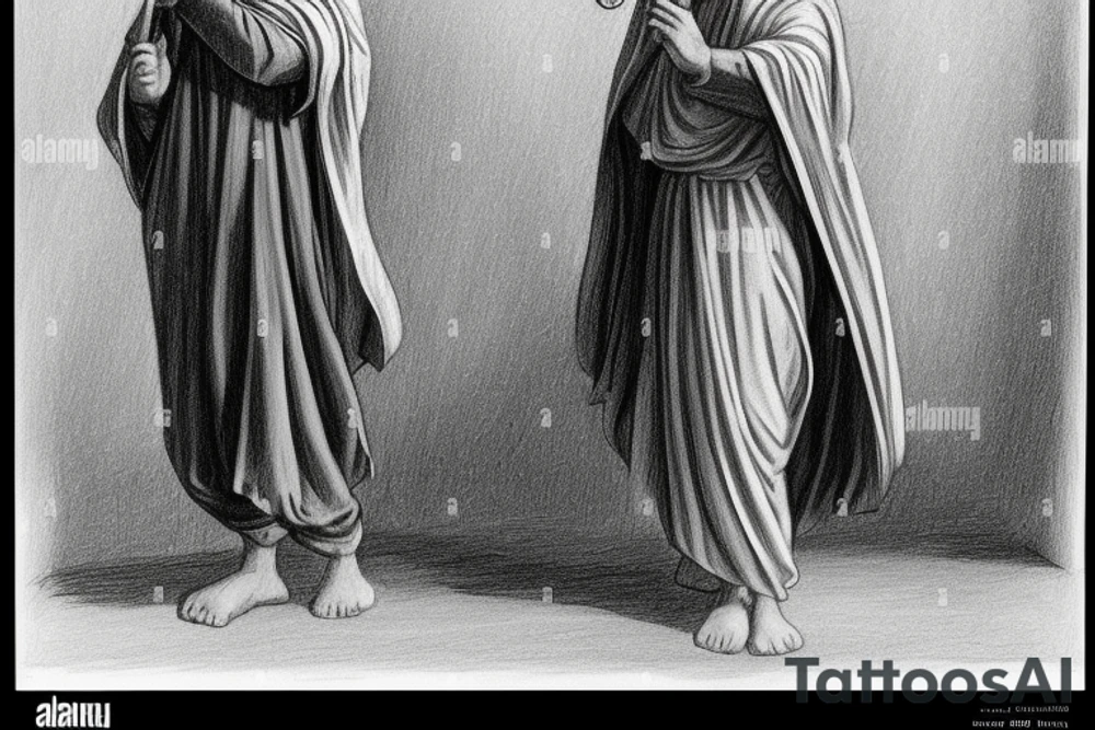 The man is dressed in simple clothes that are typical of the first century. He is wearing a long tunic, a hooded thick cloak, and sandals. His wears a tunica with a white fabric around this head. He is holding a thick staff in his left hand and is walking to the left. The background is blank.

The drawing is done in black lines on a blank background. The lines are simple and delicate, and they capture the man's thin, wiry frame. He seems to be lost in thought as he walks to the left.

The drawing has a sense of timelessness. The man's clothes and hairstyle are typical of the first century, but the drawing could have been made any time in the past 2,000 years. The blank background also contributes to the sense of timelessness. The man is walking facing the left. tattoo idea