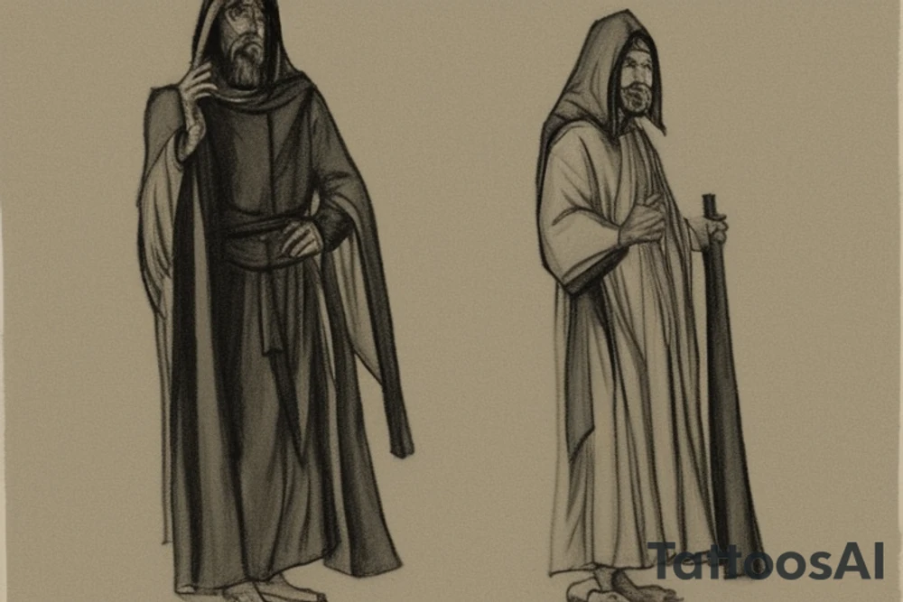 The man is dressed in simple clothes that are typical of the first century. He is wearing a long tunic, a hooded thick cloak, and sandals. His wears a tunica with a white fabric around this head. He is holding a thick staff in his left hand and is walking to the left. The background is blank.

The drawing is done in black lines on a blank background. The lines are simple and delicate, and they capture the man's thin, wiry frame. He seems to be lost in thought as he walks to the left.

The drawing has a sense of timelessness. The man's clothes and hairstyle are typical of the first century, but the drawing could have been made any time in the past 2,000 years. The blank background also contributes to the sense of timelessness. The man is walking facing the left. tattoo idea