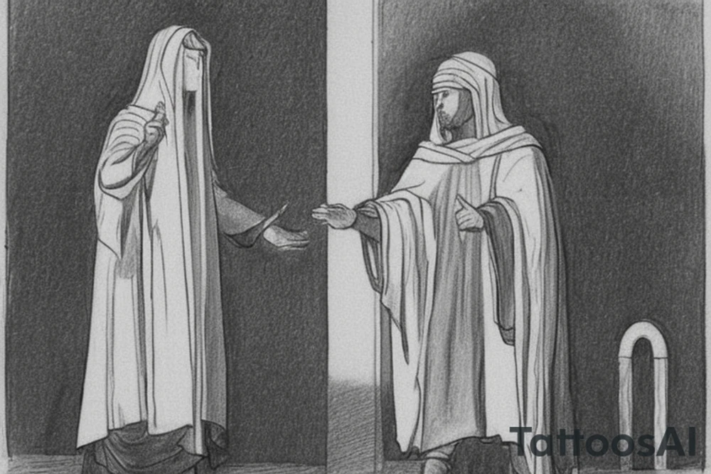 The man is dressed in simple clothes that are typical of the first century. He is wearing a long tunic, a hooded thick cloak, and sandals. His wears a tunica with a white fabric around this head. He is holding a thick staff in his left hand and is walking to the left. The background is blank.

The drawing is done in black lines on a blank background. The lines are simple and delicate, and they capture the man's thin, wiry frame. He seems to be lost in thought as he walks to the left.

The drawing has a sense of timelessness. The man's clothes and hairstyle are typical of the first century, but the drawing could have been made any time in the past 2,000 years. The blank background also contributes to the sense of timelessness. The man is walking facing the left. tattoo idea