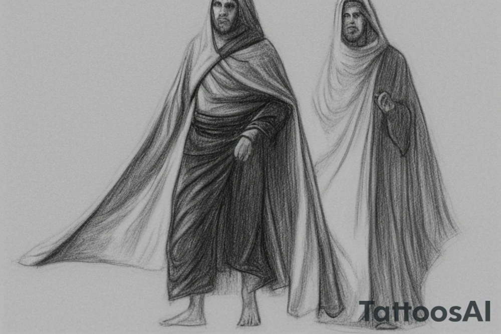 The man is dressed in simple clothes that are typical of the first century. He is wearing a long tunic, a hooded thick cloak, and sandals. His wears a tunica with a white fabric around this head. He is holding a thick staff in his left hand and is walking to the left. The background is blank.

The drawing is done in black lines on a blank background. The lines are simple and delicate, and they capture the man's thin, wiry frame. He seems to be lost in thought as he walks to the left.

The drawing has a sense of timelessness. The man's clothes and hairstyle are typical of the first century, but the drawing could have been made any time in the past 2,000 years. The blank background also contributes to the sense of timelessness. The man is walking facing the left. tattoo idea