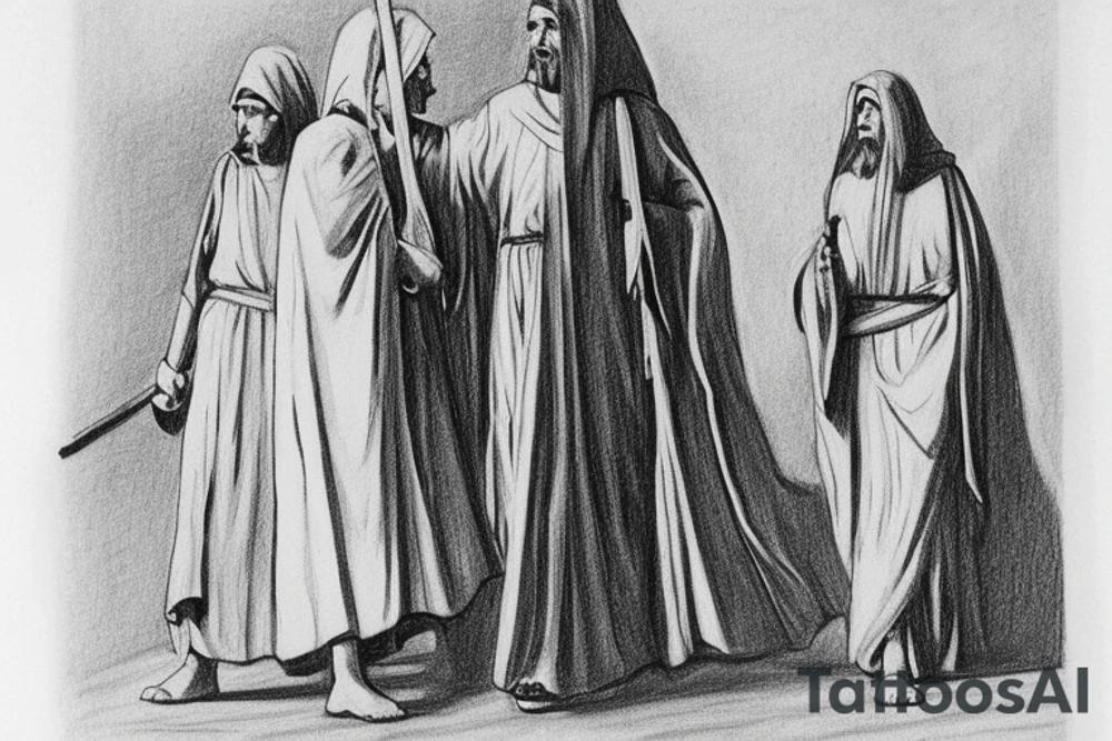 The man is dressed in simple clothes that are typical of the first century. He is wearing a long tunic, a hooded thick cloak, and sandals. His wears a tunica with a white fabric around this head. He is holding a thick staff in his left hand and is walking to the left. The background is blank.

The drawing is done in black lines on a blank background. The lines are simple and delicate, and they capture the man's thin, wiry frame. He seems to be lost in thought as he walks to the left.

The drawing has a sense of timelessness. The man's clothes and hairstyle are typical of the first century, but the drawing could have been made any time in the past 2,000 years. The blank background also contributes to the sense of timelessness. The man is walking facing the left. tattoo idea