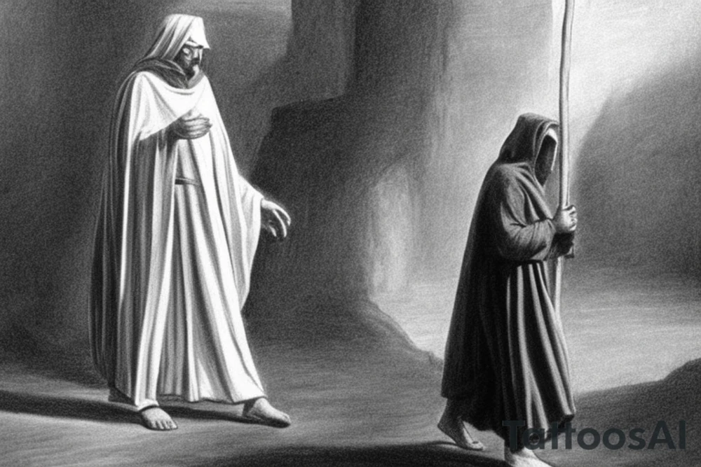 The man is dressed in simple clothes that are typical of the first century. He is wearing a long tunic, a hooded thick cloak, and sandals. His wears a tunica with a white fabric around this head. He is holding a thick staff in his left hand and is walking to the left. The background is blank.

The drawing is done in black lines on a blank background. The lines are simple and delicate, and they capture the man's thin, wiry frame. He seems to be lost in thought as he walks to the left.

The drawing has a sense of timelessness. The man's clothes and hairstyle are typical of the first century, but the drawing could have been made any time in the past 2,000 years. The blank background also contributes to the sense of timelessness. The man is walking facing the left. tattoo idea