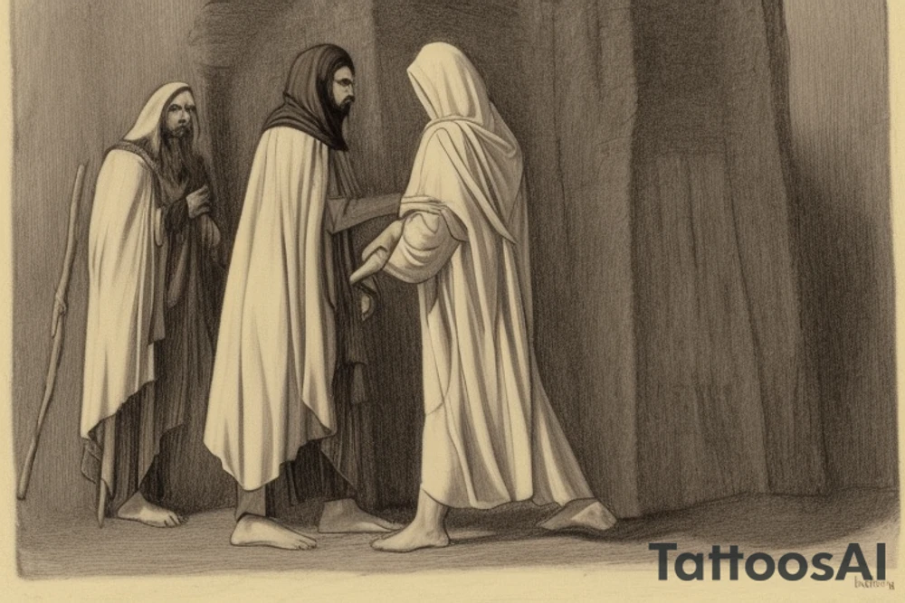 The man is dressed in simple clothes that are typical of the first century. He is wearing a long tunic, a hooded thick cloak, and sandals. His wears a tunica with a white fabric around this head. He is holding a thick staff in his left hand and is walking to the left. The background is blank.

The drawing is done in black lines on a blank background. The lines are simple and delicate, and they capture the man's thin, wiry frame. He seems to be lost in thought as he walks to the left.

The drawing has a sense of timelessness. The man's clothes and hairstyle are typical of the first century, but the drawing could have been made any time in the past 2,000 years. The blank background also contributes to the sense of timelessness. The man is walking facing the left. tattoo idea