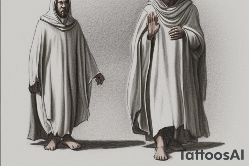 The man is dressed in simple clothes that are typical of the first century. He is wearing a long tunic, a hooded thick cloak, and sandals. His wears a tunica with a white fabric around this head. He is holding a thick staff in his left hand and is walking to the left. The background is blank.

The drawing is done in black lines on a blank background. The lines are simple and delicate, and they capture the man's thin, wiry frame. He seems to be lost in thought as he walks to the left.

The drawing has a sense of timelessness. The man's clothes and hairstyle are typical of the first century, but the drawing could have been made any time in the past 2,000 years. The blank background also contributes to the sense of timelessness. The man is walking facing the left. tattoo idea