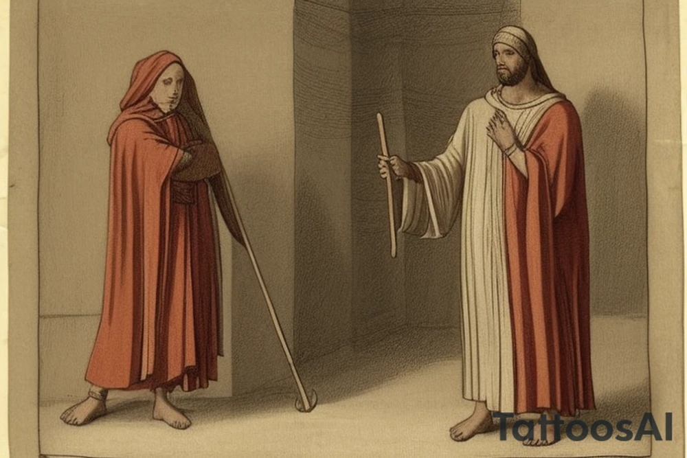 The man is dressed in simple clothes that are typical of the first century. He is wearing a long tunic, a hooded thick cloak, and sandals. His wears a tunica with a white fabric around this head. He is holding a thick staff in his left hand and is walking to the left. The background is blank.

The drawing is done in black lines on a blank background. The lines are simple and delicate, and they capture the man's thin, wiry frame. He seems to be lost in thought as he walks to the left.

The drawing has a sense of timelessness. The man's clothes and hairstyle are typical of the first century, but the drawing could have been made any time in the past 2,000 years. The blank background also contributes to the sense of timelessness. The man is walking facing the left. tattoo idea