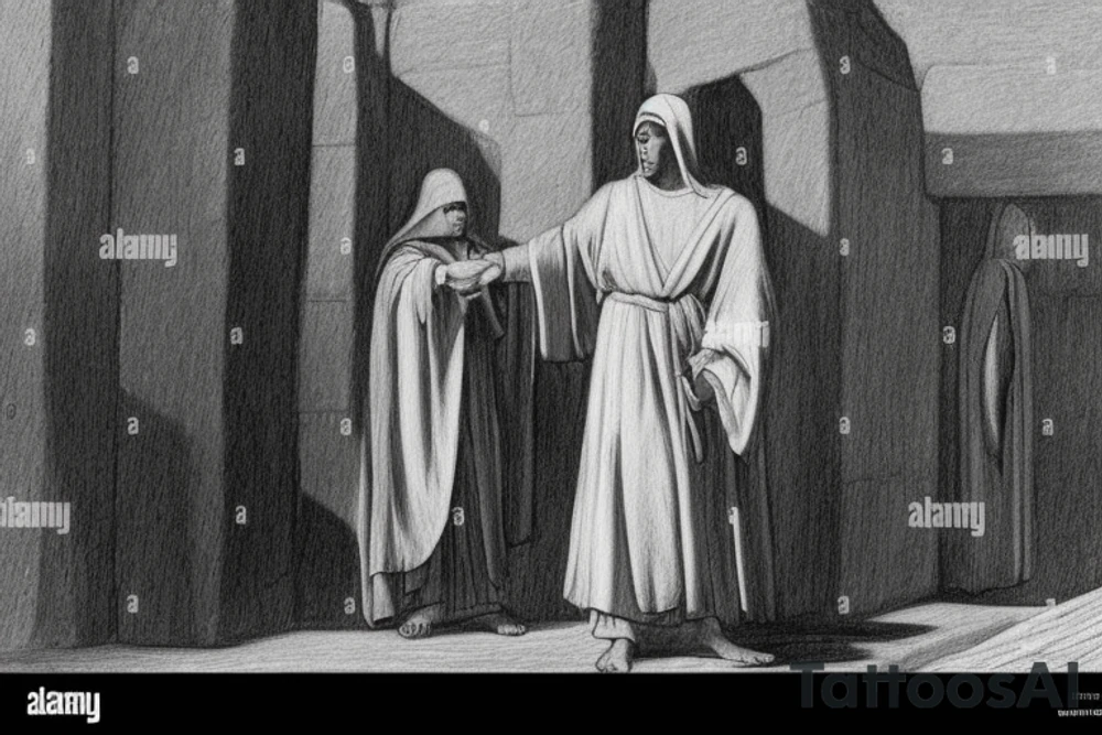 The man is dressed in simple clothes that are typical of the first century. He is wearing a long tunic, a hooded thick cloak, and sandals. His wears a tunica with a white fabric around this head. He is holding a thick staff in his left hand and is walking to the left. The background is blank.

The drawing is done in black lines on a blank background. The lines are simple and delicate, and they capture the man's thin, wiry frame. He seems to be lost in thought as he walks to the left.

The drawing has a sense of timelessness. The man's clothes and hairstyle are typical of the first century, but the drawing could have been made any time in the past 2,000 years. The blank background also contributes to the sense of timelessness. The man is walking facing the left. tattoo idea