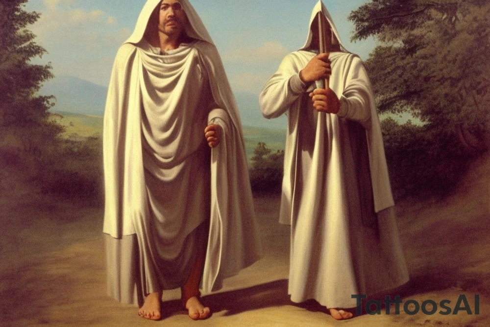 The man is dressed in simple clothes that are typical of the first century. He is wearing a long tunic, a hooded thick cloak, and sandals. His wears a tunica with a white fabric around this head. He is holding a thick staff in his left hand and is walking to the left. The background is blank.

The drawing is done in black lines on a blank background. The lines are simple and delicate, and they capture the man's thin, wiry frame. He seems to be lost in thought as he walks to the left.

The drawing has a sense of timelessness. The man's clothes and hairstyle are typical of the first century, but the drawing could have been made any time in the past 2,000 years. The blank background also contributes to the sense of timelessness. The man is walking facing the left. tattoo idea