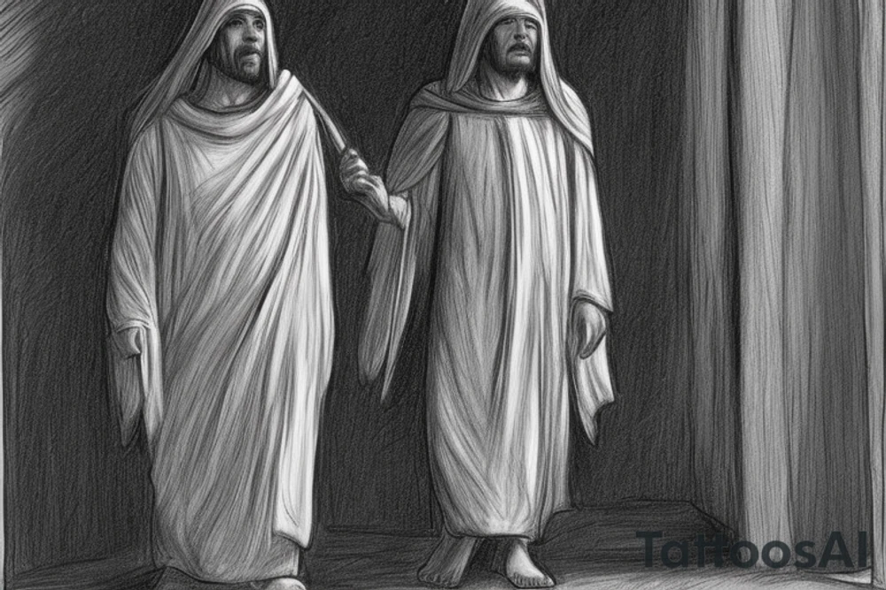 The man is dressed in simple clothes that are typical of the first century. He is wearing a long tunic, a hooded thick cloak, and sandals. His wears a tunica with a white fabric around this head. He is holding a thick staff in his left hand and is walking to the left. The background is blank.

The drawing is done in black lines on a blank background. The lines are simple and delicate, and they capture the man's thin, wiry frame. He seems to be lost in thought as he walks to the left.

The drawing has a sense of timelessness. The man's clothes and hairstyle are typical of the first century, but the drawing could have been made any time in the past 2,000 years. The blank background also contributes to the sense of timelessness. The man is walking facing the left. tattoo idea