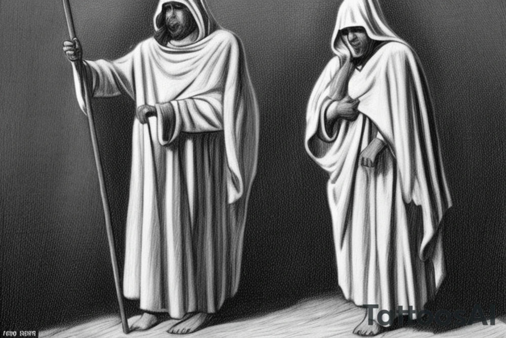 The man is dressed in simple clothes that are typical of the first century. He is wearing a long tunic, a hooded thick cloak, and sandals. His wears a tunica with a white fabric around this head. He is holding a thick staff in his left hand and is walking to the left. The background is blank.

The drawing is done in black lines on a blank background. The lines are simple and delicate, and they capture the man's thin, wiry frame. He seems to be lost in thought as he walks to the left.

The drawing has a sense of timelessness. The man's clothes and hairstyle are typical of the first century, but the drawing could have been made any time in the past 2,000 years. The blank background also contributes to the sense of timelessness. The man is walking facing the left. tattoo idea