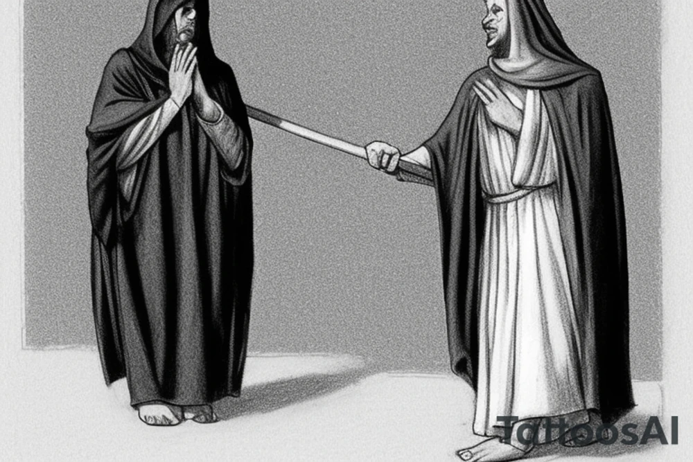 The man is dressed in simple clothes that are typical of the first century. He is wearing a long tunic, a hooded thick cloak, and sandals. His wears a tunica with a white fabric around this head. He is holding a thick staff in his left hand and is walking to the left. The background is blank.

The drawing is done in black lines on a blank background. The lines are simple and delicate, and they capture the man's thin, wiry frame. He seems to be lost in thought as he walks to the left.

The drawing has a sense of timelessness. The man's clothes and hairstyle are typical of the first century, but the drawing could have been made any time in the past 2,000 years. The blank background also contributes to the sense of timelessness. The man is walking facing the left. tattoo idea