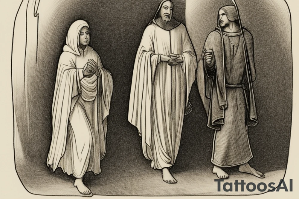 The man is dressed in simple clothes that are typical of the first century. He is wearing a long tunic, a hooded thick cloak, and sandals. His wears a tunica with a white fabric around this head. He is holding a thick staff in his left hand and is walking to the left. The background is blank.

The drawing is done in black lines on a blank background. The lines are simple and delicate, and they capture the man's thin, wiry frame. He seems to be lost in thought as he walks to the left.

The drawing has a sense of timelessness. The man's clothes and hairstyle are typical of the first century, but the drawing could have been made any time in the past 2,000 years. The blank background also contributes to the sense of timelessness. The man is walking facing the left. tattoo idea