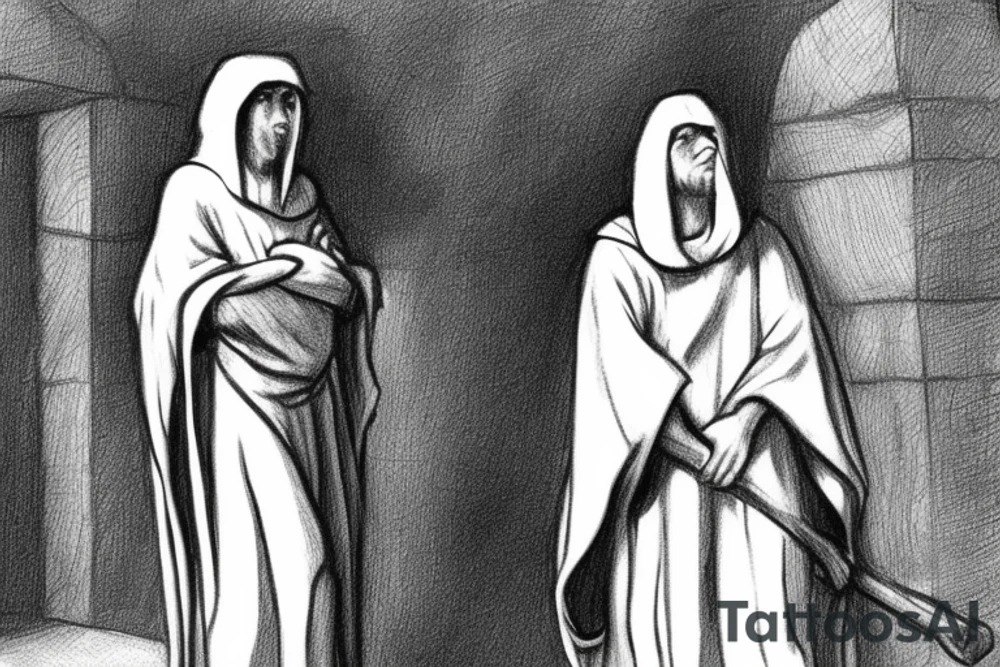The man is dressed in simple clothes that are typical of the first century. He is wearing a long tunic, a hooded thick cloak, and sandals. His wears a tunica with a white fabric around this head. He is holding a thick staff in his left hand and is walking to the left. The background is blank.

The drawing is done in black lines on a blank background. The lines are simple and delicate, and they capture the man's thin, wiry frame. He seems to be lost in thought as he walks to the left.

The drawing has a sense of timelessness. The man's clothes and hairstyle are typical of the first century, but the drawing could have been made any time in the past 2,000 years. The blank background also contributes to the sense of timelessness. The man is walking facing the left. tattoo idea