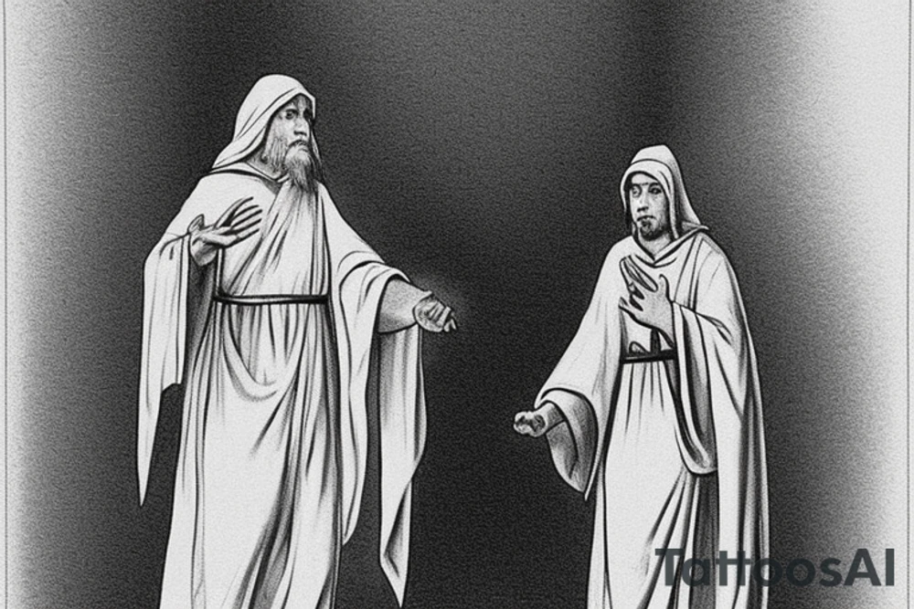 The man is dressed in simple clothes that are typical of the first century. He is wearing a long tunic, a hooded thick cloak, and sandals. His wears a tunica with a white fabric around this head. He is holding a thick staff in his left hand and is walking to the left. The background is blank.

The drawing is done in black lines on a blank background. The lines are simple and delicate, and they capture the man's thin, wiry frame. He seems to be lost in thought as he walks to the left.

The drawing has a sense of timelessness. The man's clothes and hairstyle are typical of the first century, but the drawing could have been made any time in the past 2,000 years. The blank background also contributes to the sense of timelessness. The man is walking facing the left. tattoo idea