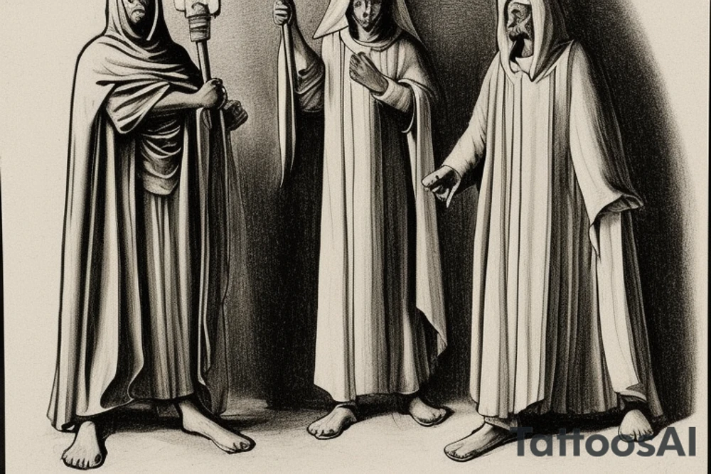 The man is dressed in simple clothes that are typical of the first century. He is wearing a long tunic, a hooded thick cloak, and sandals. His wears a tunica with a white fabric around this head. He is holding a thick staff in his left hand and is walking to the left. The background is blank.

The drawing is done in black lines on a blank background. The lines are simple and delicate, and they capture the man's thin, wiry frame. He seems to be lost in thought as he walks to the left.

The drawing has a sense of timelessness. The man's clothes and hairstyle are typical of the first century, but the drawing could have been made any time in the past 2,000 years. The blank background also contributes to the sense of timelessness. The man is walking facing the left. tattoo idea