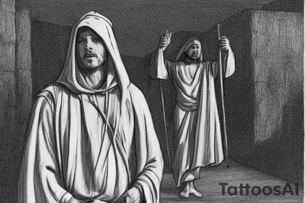 The man is dressed in simple clothes that are typical of the first century. He is wearing a long tunic, a hooded thick cloak, and sandals. His wears a tunica with a white fabric around this head. He is holding a thick staff in his left hand and is walking to the left. The background is blank.

The drawing is done in black lines on a blank background. The lines are simple and delicate, and they capture the man's thin, wiry frame. He seems to be lost in thought as he walks to the left.

The drawing has a sense of timelessness. The man's clothes and hairstyle are typical of the first century, but the drawing could have been made any time in the past 2,000 years. The blank background also contributes to the sense of timelessness. The man is walking facing the left. tattoo idea