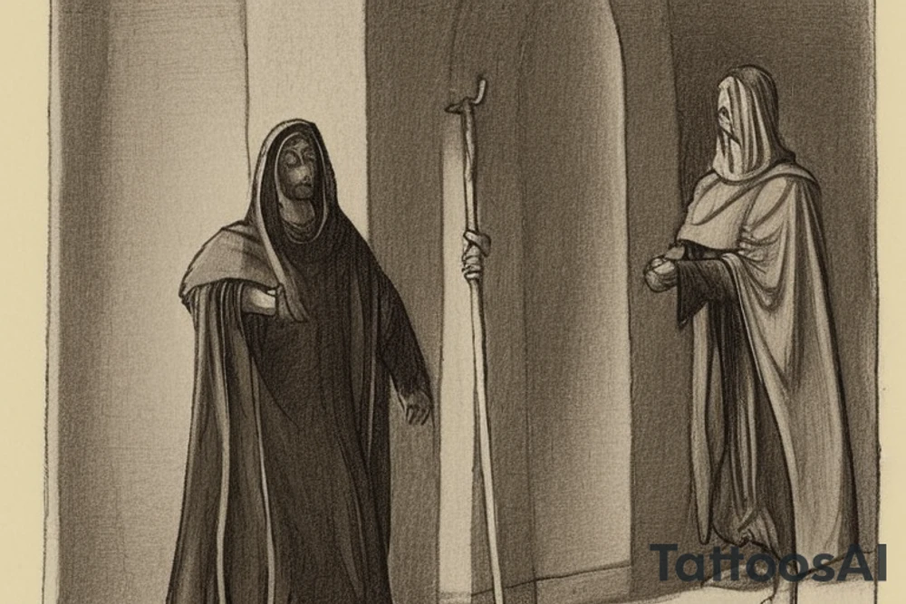 The man is dressed in simple clothes that are typical of the first century. He is wearing a long tunic, a hooded thick cloak, and sandals. His wears a tunica with a white fabric around this head. He is holding a thick staff in his left hand and is walking to the left. The background is blank.

The drawing is done in black lines on a blank background. The lines are simple and delicate, and they capture the man's thin, wiry frame. He seems to be lost in thought as he walks to the left.

The drawing has a sense of timelessness. The man's clothes and hairstyle are typical of the first century, but the drawing could have been made any time in the past 2,000 years. The blank background also contributes to the sense of timelessness. The man is walking facing the left. tattoo idea