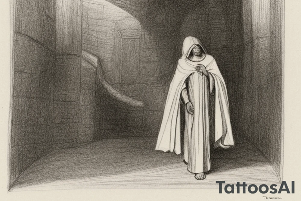 The man is dressed in simple clothes that are typical of the first century. He is wearing a long tunic, a hooded thick cloak, and sandals. His wears a tunica with a white fabric around this head. He is holding a thick staff in his left hand and is walking to the left. The background is blank.

The drawing is done in black lines on a blank background. The lines are simple and delicate, and they capture the man's thin, wiry frame. He seems to be lost in thought as he walks to the left.

The drawing has a sense of timelessness. The man's clothes and hairstyle are typical of the first century, but the drawing could have been made any time in the past 2,000 years. The blank background also contributes to the sense of timelessness. The man is walking facing the left. tattoo idea