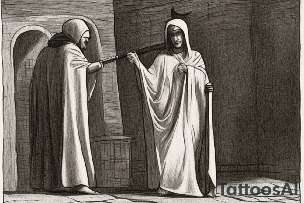 The man is dressed in simple clothes that are typical of the first century. He is wearing a long tunic, a hooded thick cloak, and sandals. His wears a tunica with a white fabric around this head. He is holding a thick staff in his left hand and is walking to the left. The background is blank.

The drawing is done in black lines on a blank background. The lines are simple and delicate, and they capture the man's thin, wiry frame. He seems to be lost in thought as he walks to the left.

The drawing has a sense of timelessness. The man's clothes and hairstyle are typical of the first century, but the drawing could have been made any time in the past 2,000 years. The blank background also contributes to the sense of timelessness. The man is walking facing the left. tattoo idea