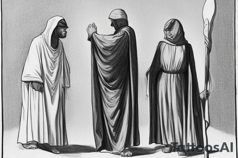 The man is dressed in simple clothes that are typical of the first century. He is wearing a long tunic, a hooded thick cloak, and sandals. His wears a tunica with a white fabric around this head. He is holding a thick staff in his left hand and is walking to the left. The background is blank.

The drawing is done in black lines on a blank background. The lines are simple and delicate, and they capture the man's thin, wiry frame. He seems to be lost in thought as he walks to the left.

The drawing has a sense of timelessness. The man's clothes and hairstyle are typical of the first century, but the drawing could have been made any time in the past 2,000 years. The blank background also contributes to the sense of timelessness. The man is walking facing the left. tattoo idea