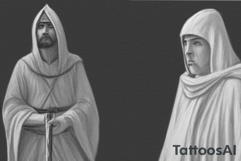 The man is dressed in simple clothes that are typical of the first century. He is wearing a long tunic, a hooded thick cloak, and sandals. His wears a tunica with a white fabric around this head. He is holding a thick staff in his left hand and is walking to the left. The background is blank.

The drawing is done in black lines on a blank background. The lines are simple and delicate, and they capture the man's thin, wiry frame. He seems to be lost in thought as he walks to the left.

The drawing has a sense of timelessness. The man's clothes and hairstyle are typical of the first century, but the drawing could have been made any time in the past 2,000 years. The blank background also contributes to the sense of timelessness. The man is walking facing the left. tattoo idea
