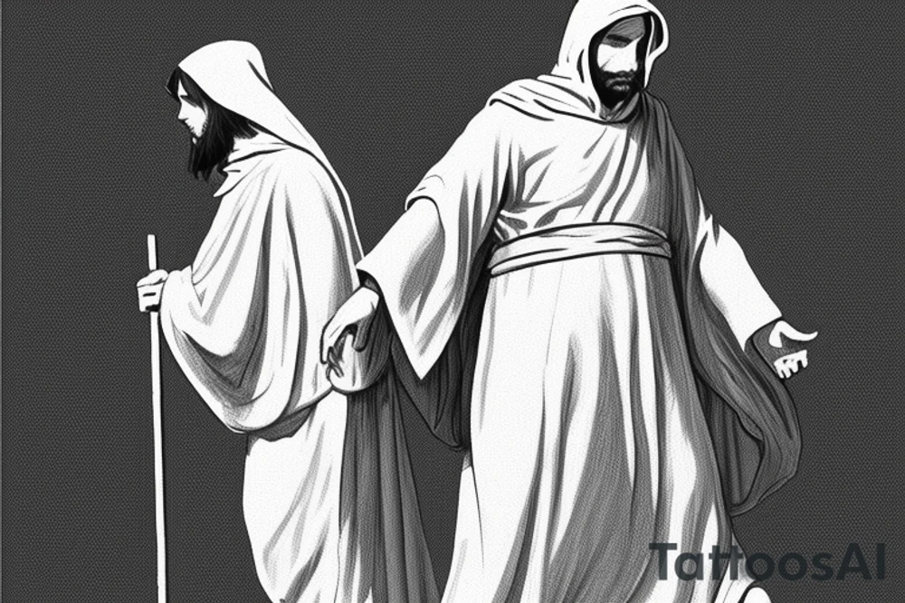 The man is dressed in simple clothes that are typical of the first century. He is wearing a long tunic, a hooded thick cloak, and sandals. His wears a tunica with a white fabric around this head. He is holding a thick staff in his left hand and is walking to the left. The background is blank.

The drawing is done in black lines on a blank background. The lines are simple and delicate, and they capture the man's thin, wiry frame. He seems to be lost in thought as he walks to the left.

The drawing has a sense of timelessness. The man's clothes and hairstyle are typical of the first century, but the drawing could have been made any time in the past 2,000 years. The blank background also contributes to the sense of timelessness. The man is walking facing the left. tattoo idea