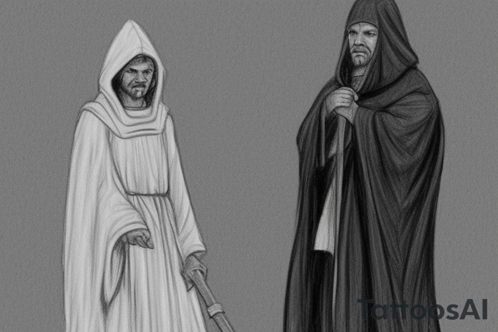 The man is dressed in simple clothes that are typical of the first century. He is wearing a long tunic, a hooded thick cloak, and sandals. His wears a tunica with a white fabric around this head. He is holding a thick staff in his left hand and is walking to the left. The background is blank.

The drawing is done in black lines on a blank background. The lines are simple and delicate, and they capture the man's thin, wiry frame. He seems to be lost in thought as he walks to the left.

The drawing has a sense of timelessness. The man's clothes and hairstyle are typical of the first century, but the drawing could have been made any time in the past 2,000 years. The blank background also contributes to the sense of timelessness. The man is walking facing the left. tattoo idea