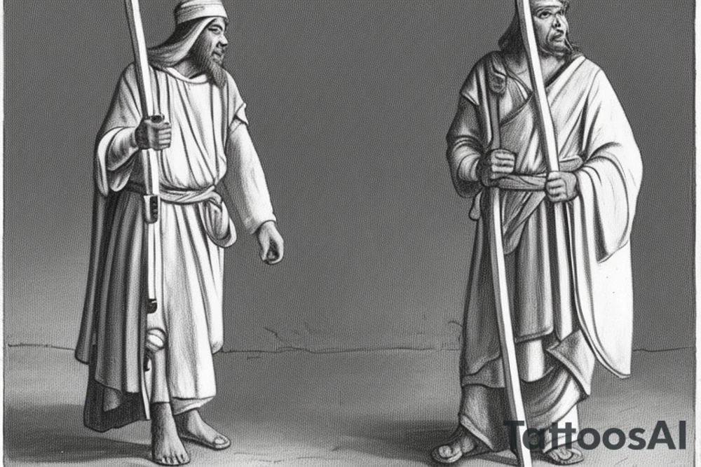 The man is dressed in simple clothes that are typical of the first century. He is wearing a long tunic, a mickey mouse hat, and sandals. His wears a white tunica. He is holding a thick shepherd's staff in his left hand and is walking to the left. The background is blank.

The drawing is done in black lines on a blank background. The lines are simple and delicate, and they capture the man's thin, wiry frame. He seems to be lost in thought as he walks to the left. tattoo idea