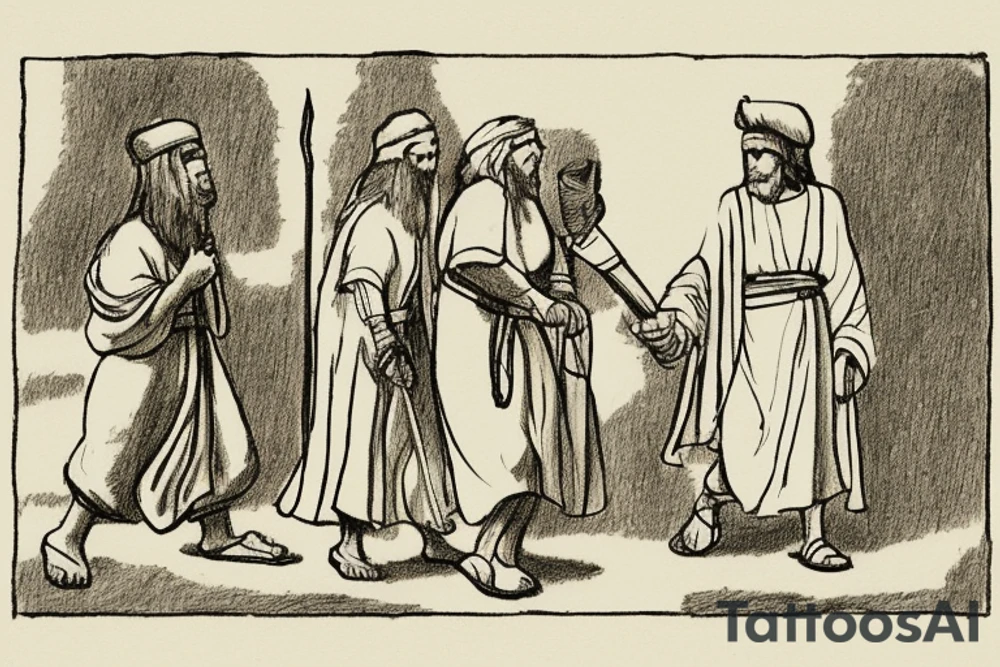 The man is dressed in simple clothes that are typical of the first century. He is wearing a long tunic, a mickey mouse hat, and sandals. His wears a white tunica. He is holding a thick shepherd's staff in his left hand and is walking to the left. The background is blank.

The drawing is done in black lines on a blank background. The lines are simple and delicate, and they capture the man's thin, wiry frame. He seems to be lost in thought as he walks to the left. tattoo idea