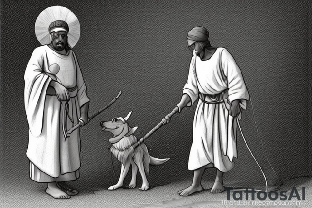 The man is dressed in simple clothes that are typical of the first century. He is wearing a long tunic, a mickey mouse hat, and sandals. His wears a white tunica. He is holding a thick shepherd's staff in his left hand and is walking to the left. The background is blank.

The drawing is done in black lines on a blank background. The lines are simple and delicate, and they capture the man's thin, wiry frame. He seems to be lost in thought as he walks to the left. tattoo idea