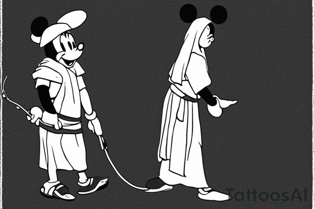 The man is dressed in simple clothes that are typical of the first century. He is wearing a long tunic, a mickey mouse hat, and sandals. His wears a white tunica. He is holding a thick shepherd's staff in his left hand and is walking to the left. The background is blank.

The drawing is done in black lines on a blank background. The lines are simple and delicate, and they capture the man's thin, wiry frame. He seems to be lost in thought as he walks to the left. tattoo idea