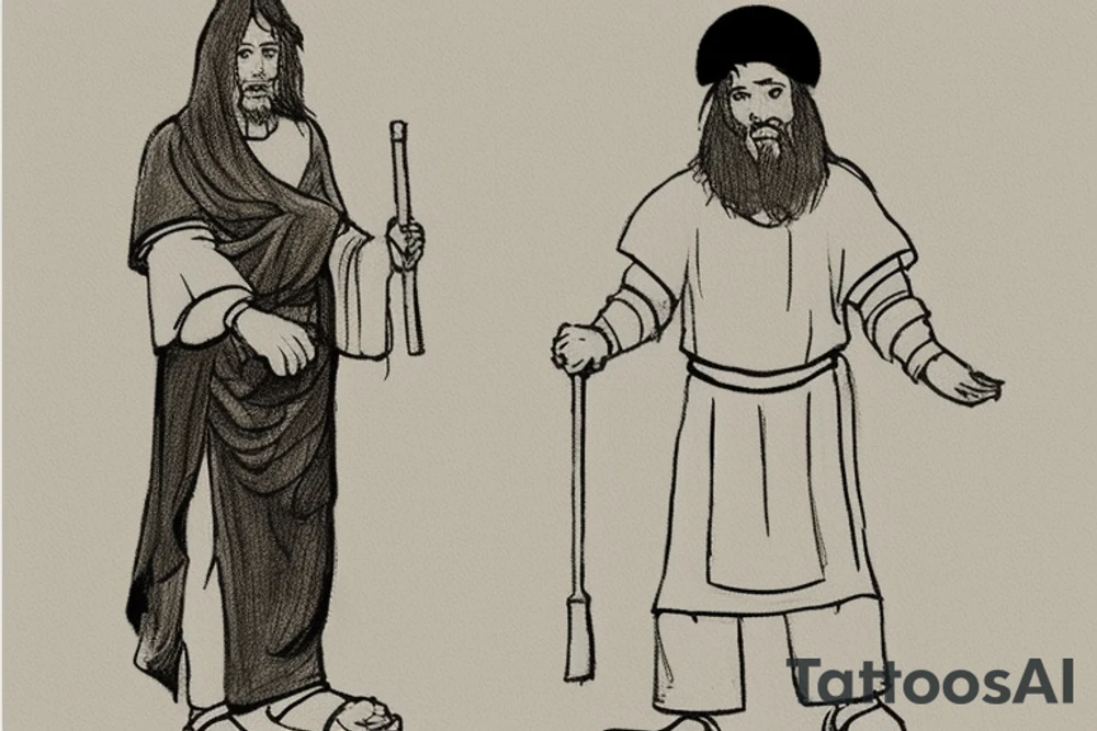 The man is dressed in simple clothes that are typical of the first century. He is wearing a long tunic, a mickey mouse hat, and sandals. His wears a white tunica. He is holding a thick shepherd's staff in his left hand and is walking to the left. The background is blank.

The drawing is done in black lines on a blank background. The lines are simple and delicate, and they capture the man's thin, wiry frame. He seems to be lost in thought as he walks to the left. tattoo idea