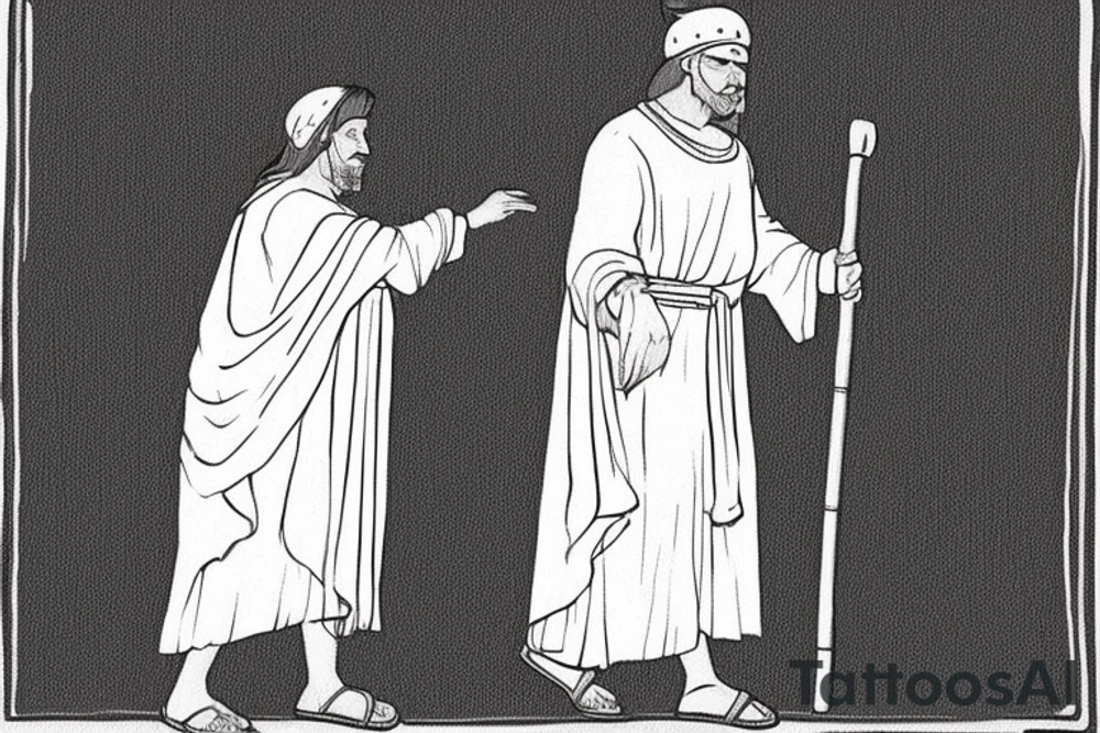 The man is dressed in simple clothes that are typical of the first century. He is wearing a long tunic, a mickey mouse hat, and sandals. His wears a white tunica. He is holding a thick shepherd's staff in his left hand and is walking to the left. The background is blank.

The drawing is done in black lines on a blank background. The lines are simple and delicate, and they capture the man's thin, wiry frame. He seems to be lost in thought as he walks to the left. tattoo idea