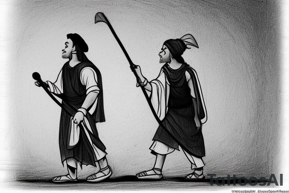The man is dressed in simple clothes that are typical of the first century. He is wearing a long tunic, a mickey mouse hat, and sandals. His wears a white tunica. He is holding a thick shepherd's staff in his left hand and is walking to the left. The background is blank.

The drawing is done in black lines on a blank background. The lines are simple and delicate, and they capture the man's thin, wiry frame. He seems to be lost in thought as he walks to the left. tattoo idea