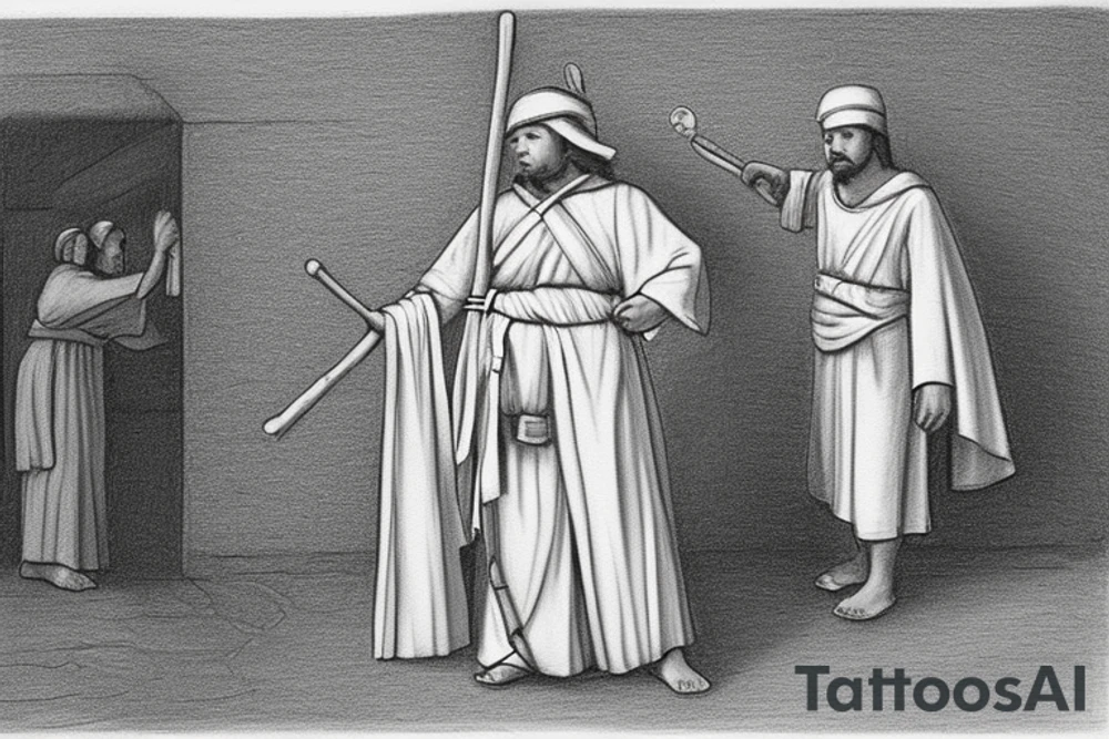 The man is dressed in simple clothes that are typical of the first century. He is wearing a long tunic, a mickey mouse hat, and sandals. His wears a white tunica. He is holding a thick shepherd's staff in his left hand and is walking to the left. The background is blank.

The drawing is done in black lines on a blank background. The lines are simple and delicate, and they capture the man's thin, wiry frame. He seems to be lost in thought as he walks to the left. tattoo idea