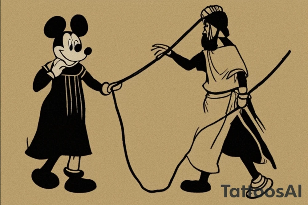 The man is dressed in simple clothes that are typical of the first century. He is wearing a long tunic, a mickey mouse hat, and sandals. His wears a white tunica. He is holding a thick shepherd's staff in his left hand and is walking to the left. The background is blank.

The drawing is done in black lines on a blank background. The lines are simple and delicate, and they capture the man's thin, wiry frame. He seems to be lost in thought as he walks to the left. tattoo idea