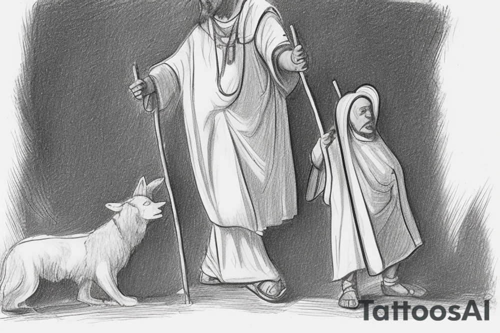The man is dressed in simple clothes that are typical of the first century. He is wearing a long tunic, a mickey mouse hat, and sandals. His wears a white tunica. He is holding a thick shepherd's staff in his left hand and is walking to the left. The background is blank.

The drawing is done in black lines on a blank background. The lines are simple and delicate, and they capture the man's thin, wiry frame. He seems to be lost in thought as he walks to the left. tattoo idea