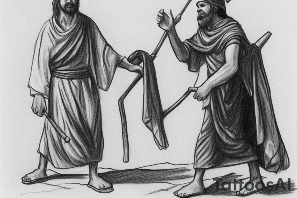 The man is dressed in simple clothes that are typical of the first century. He is wearing a long tunic, a mickey mouse hat, and sandals. His wears a white tunica. He is holding a thick shepherd's staff in his left hand and is walking to the left. The background is blank.

The drawing is done in black lines on a blank background. The lines are simple and delicate, and they capture the man's thin, wiry frame. He seems to be lost in thought as he walks to the left. tattoo idea