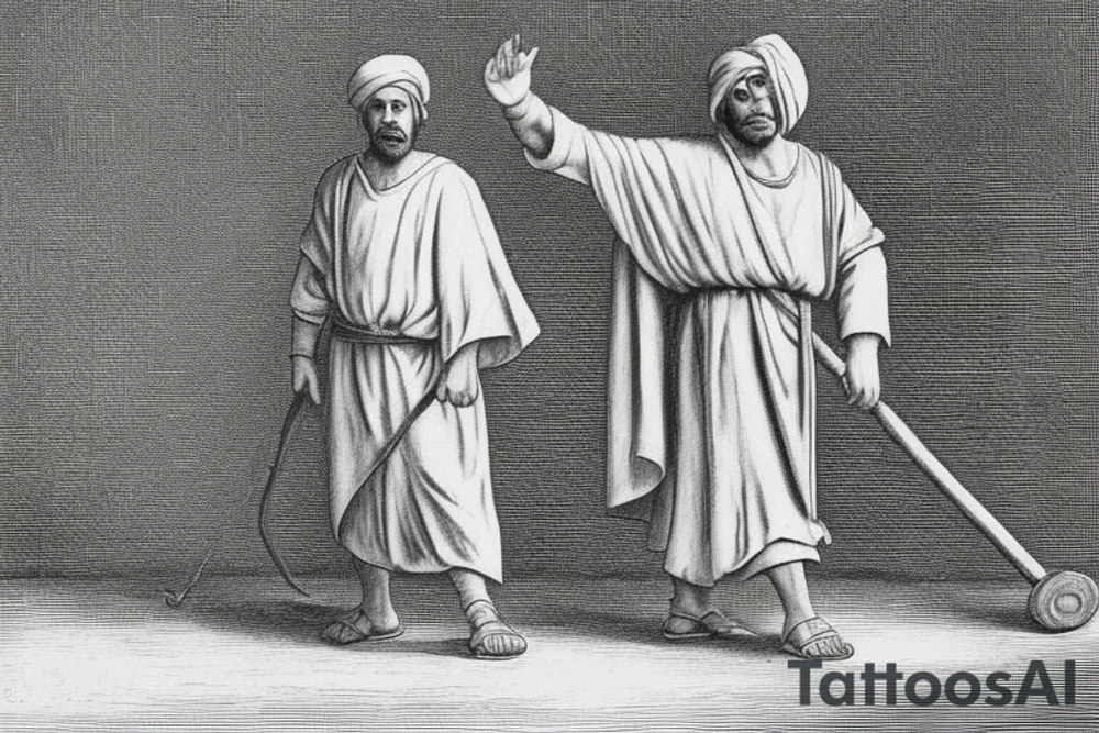 The man is dressed in simple clothes that are typical of the first century. He is wearing a long tunic, a mickey mouse hat, and sandals. His wears a white tunica. He is holding a thick shepherd's staff in his left hand and is walking to the left. The background is blank.

The drawing is done in black lines on a blank background. The lines are simple and delicate, and they capture the man's thin, wiry frame. He seems to be lost in thought as he walks to the left. tattoo idea