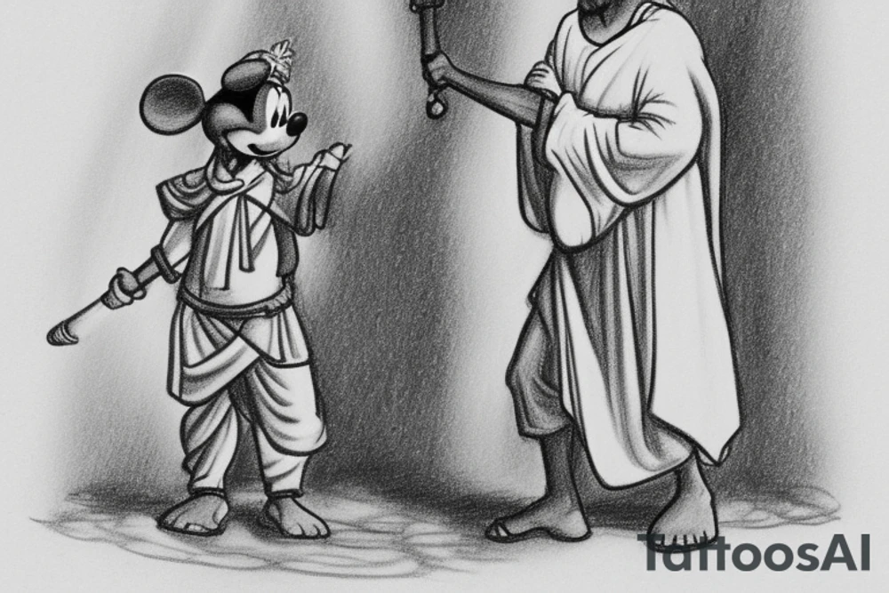 The man is dressed in simple clothes that are typical of the first century. He is wearing a long tunic, a mickey mouse hat, and sandals. His wears a white tunica. He is holding a thick shepherd's staff in his left hand and is walking to the left. The background is blank.

The drawing is done in black lines on a blank background. The lines are simple and delicate, and they capture the man's thin, wiry frame. He seems to be lost in thought as he walks to the left. tattoo idea