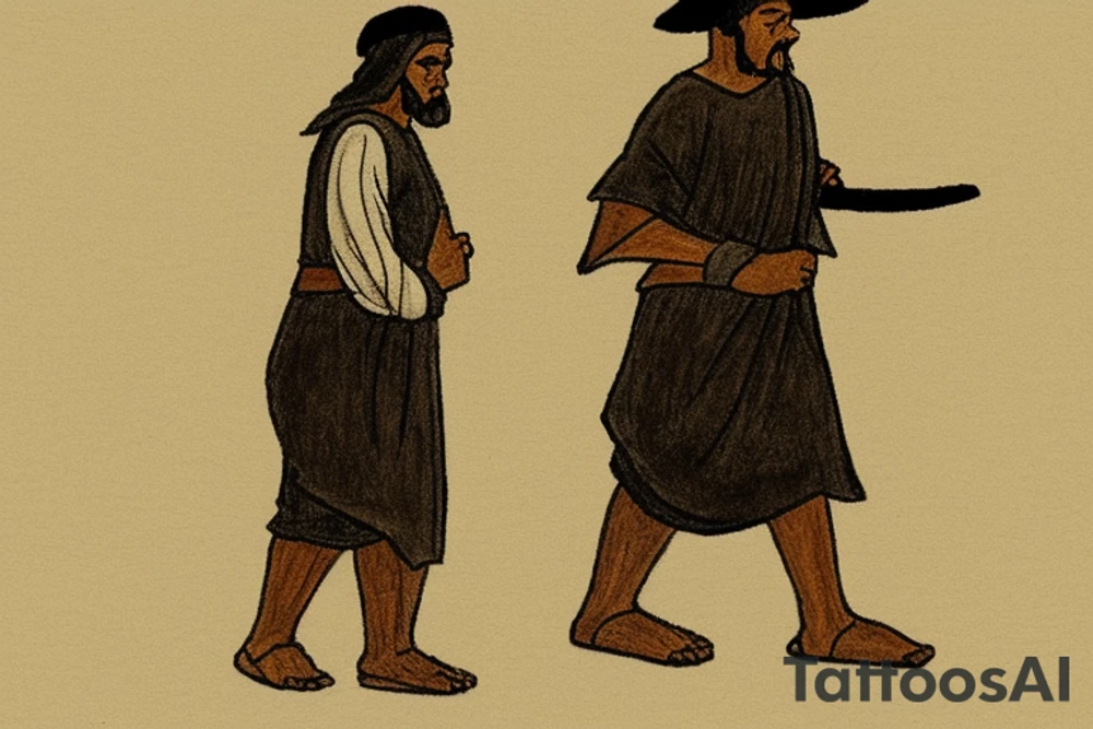 The man is dressed in simple clothes that are typical of the first century. He is wearing a long tunic, a mickey mouse hat, and sandals. His wears a white tunica. He is holding a thick shepherd's staff in his left hand and is walking to the left. The background is blank.

The drawing is done in black lines on a blank background. The lines are simple and delicate, and they capture the man's thin, wiry frame. He seems to be lost in thought as he walks to the left. tattoo idea