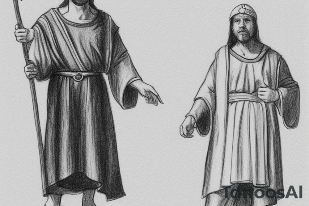 The man is dressed in simple clothes that are typical of the first century. He is wearing a long tunic, a mickey mouse hat, and sandals. His wears a white tunica. He is holding a thick shepherd's staff in his left hand and is walking to the left. The background is blank.

The drawing is done in black lines on a blank background. The lines are simple and delicate, and they capture the man's thin, wiry frame. He seems to be lost in thought as he walks to the left. tattoo idea