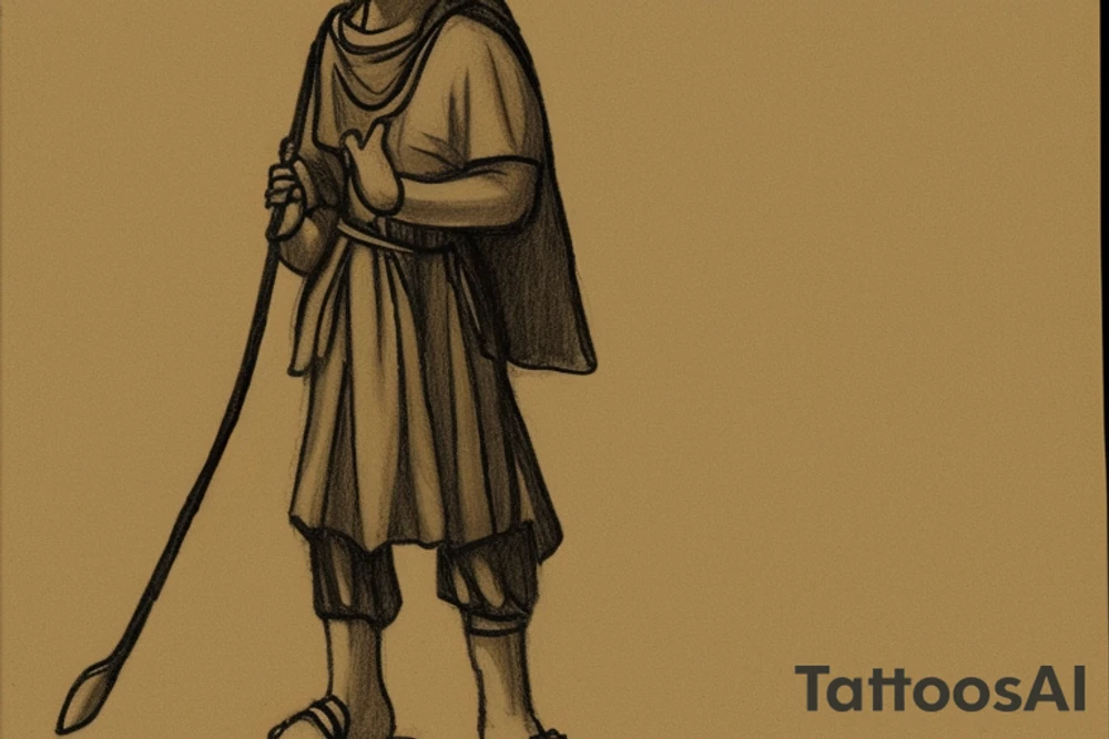 The man is dressed in simple clothes that are typical of the first century. He is wearing a long tunic, a mickey mouse hat, and sandals. His wears a white tunica. He is holding a thick shepherd's staff in his left hand and is walking to the left. The background is blank.

The drawing is done in black lines on a blank background. The lines are simple and delicate, and they capture the man's thin, wiry frame. He seems to be lost in thought as he walks to the left. tattoo idea
