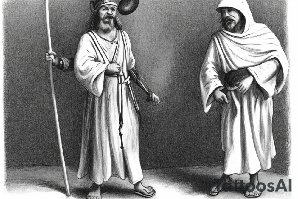 The man is dressed in simple clothes that are typical of the first century. He is wearing a long tunic, a mickey mouse hat, and sandals. His wears a white tunica. He is holding a thick shepherd's staff in his left hand and is walking to the left. The background is blank.

The drawing is done in black lines on a blank background. The lines are simple and delicate, and they capture the man's thin, wiry frame. He seems to be lost in thought as he walks to the left. tattoo idea
