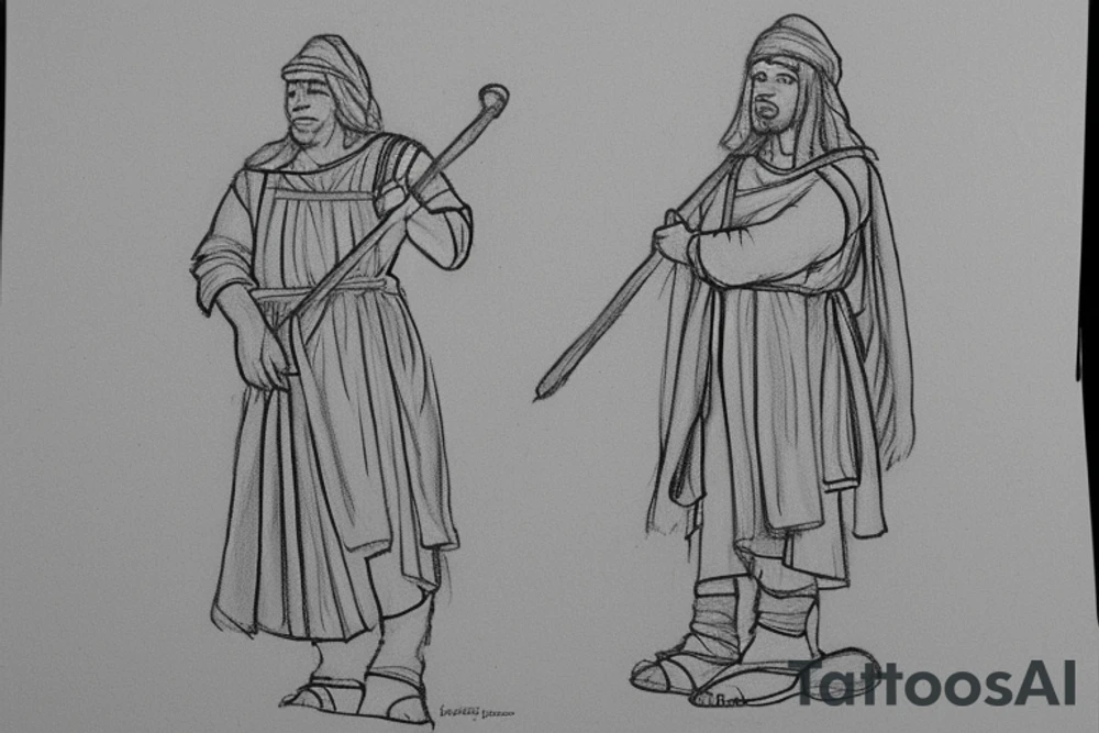 The man is dressed in simple clothes that are typical of the first century. He is wearing a long tunic, a mickey mouse hat, and sandals. His wears a white tunica. He is holding a thick shepherd's staff in his left hand and is walking to the left. The background is blank.

The drawing is done in black lines on a blank background. The lines are simple and delicate, and they capture the man's thin, wiry frame. He seems to be lost in thought as he walks to the left. tattoo idea