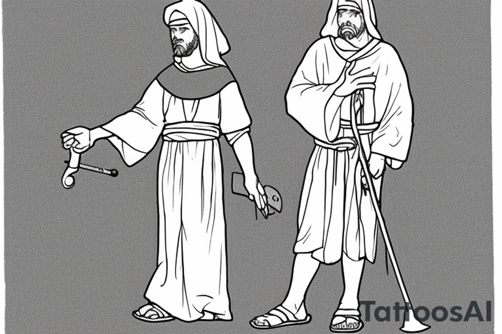The man is dressed in simple clothes that are typical of the first century. He is wearing a long tunic, a mickey mouse hat, and sandals. His wears a white tunica. He is holding a thick shepherd's staff in his left hand and is walking to the left. The background is blank.

The drawing is done in black lines on a blank background. The lines are simple and delicate, and they capture the man's thin, wiry frame. He seems to be lost in thought as he walks to the left. tattoo idea