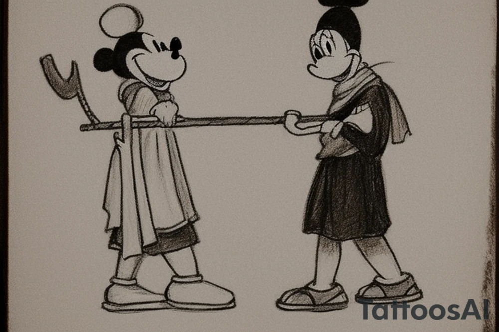 The man is dressed in simple clothes that are typical of the first century. He is wearing a long tunic, a mickey mouse hat, and sandals. His wears a white tunica. He is holding a thick shepherd's staff in his left hand and is walking to the left. The background is blank.

The drawing is done in black lines on a blank background. The lines are simple and delicate, and they capture the man's thin, wiry frame. He seems to be lost in thought as he walks to the left. tattoo idea