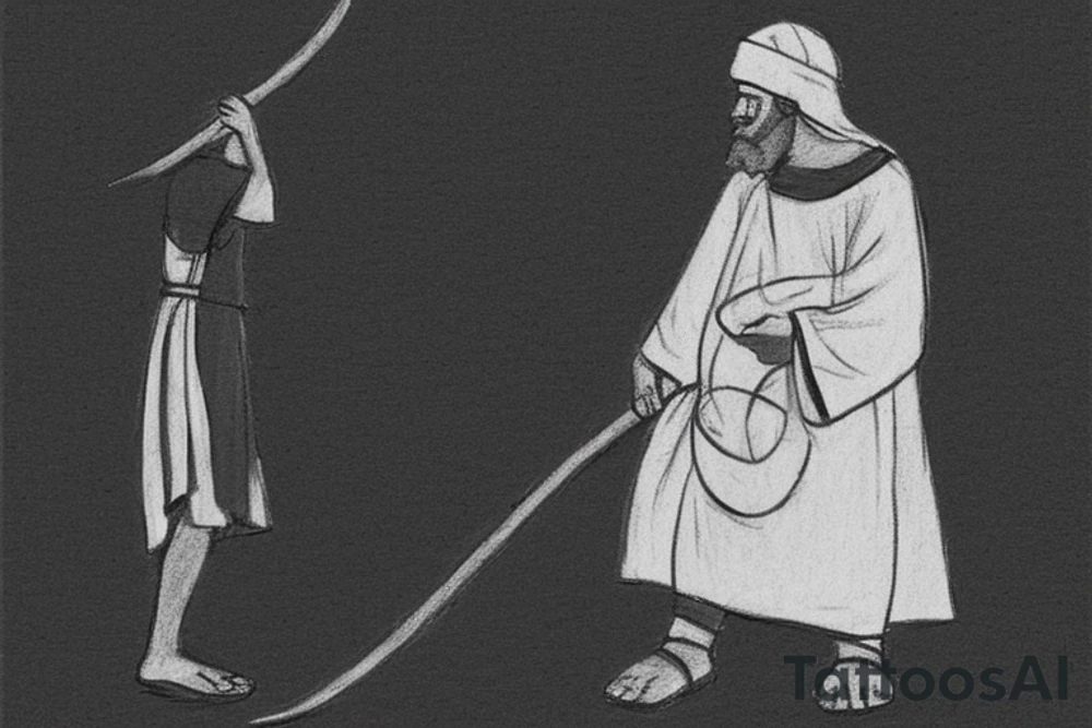 The man is dressed in simple clothes that are typical of the first century. He is wearing a long tunic, a mickey mouse hat, and sandals. His wears a white tunica. He is holding a thick shepherd's staff in his left hand and is walking to the left. The background is blank.

The drawing is done in black lines on a blank background. The lines are simple and delicate, and they capture the man's thin, wiry frame. He seems to be lost in thought as he walks to the left. tattoo idea