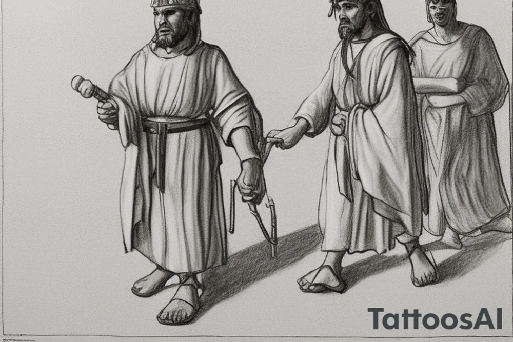 The man is dressed in simple clothes that are typical of the first century. He is wearing a long tunic, a mickey mouse hat, and sandals. His wears a white tunica. He is holding a thick shepherd's staff in his left hand and is walking to the left. The background is blank.

The drawing is done in black lines on a blank background. The lines are simple and delicate, and they capture the man's thin, wiry frame. He seems to be lost in thought as he walks to the left. tattoo idea