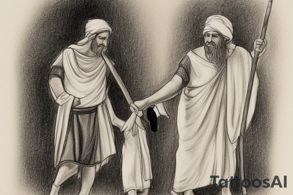 The man is dressed in simple clothes that are typical of the first century. He is wearing a long tunic, a mickey mouse hat, and sandals. His wears a white tunica. He is holding a thick shepherd's staff in his left hand and is walking to the left. The background is blank.

The drawing is done in black lines on a blank background. The lines are simple and delicate, and they capture the man's thin, wiry frame. He seems to be lost in thought as he walks to the left. tattoo idea