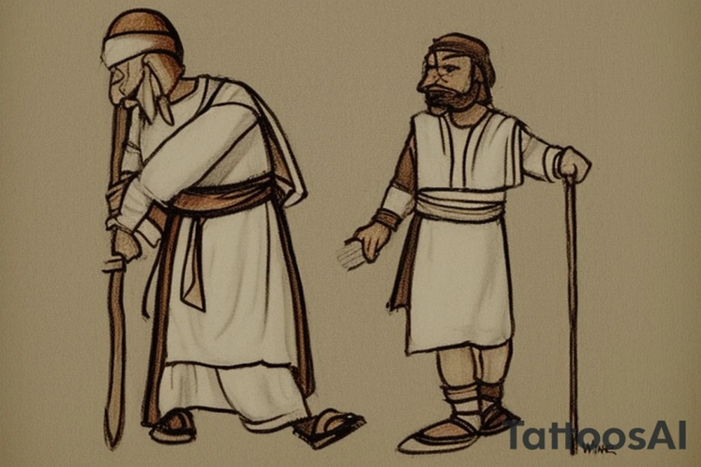 The man is dressed in simple clothes that are typical of the first century. He is wearing a long tunic, a mickey mouse hat, and sandals. His wears a white tunica. He is holding a thick shepherd's staff in his left hand and is walking to the left. The background is blank.

The drawing is done in black lines on a blank background. The lines are simple and delicate, and they capture the man's thin, wiry frame. He seems to be lost in thought as he walks to the left. tattoo idea